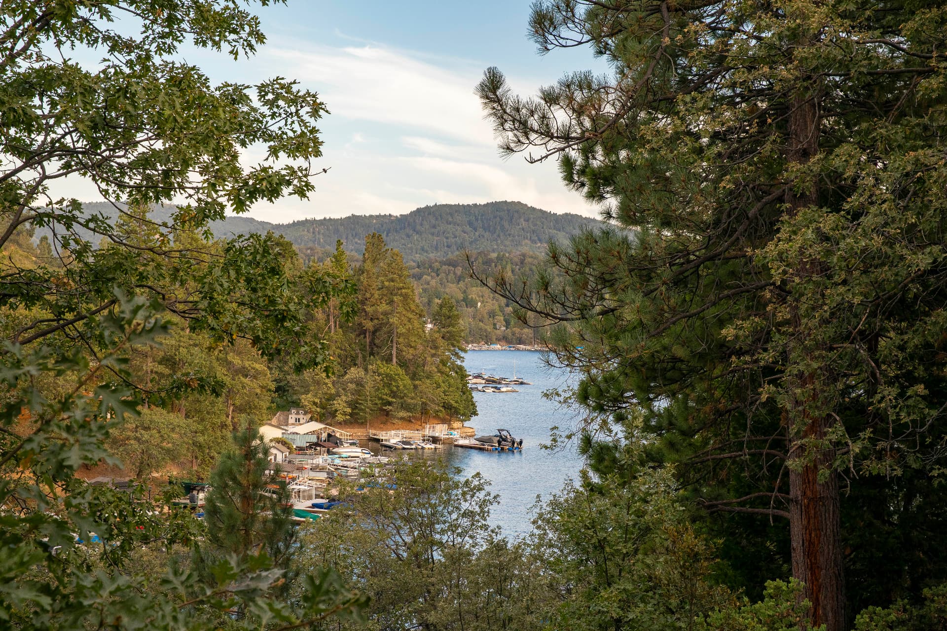 Winter Harbor and Lake Arrowhead framed by trees